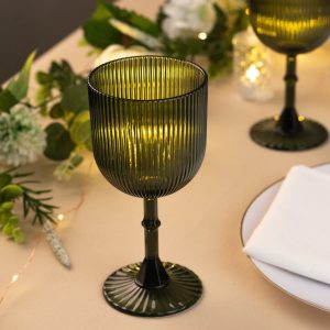 12-Pack Hunter Emerald Green Plastic Wine Glasses 9oz, Vintage Ribbed Pattern - Reusable Shatterproof Goblets